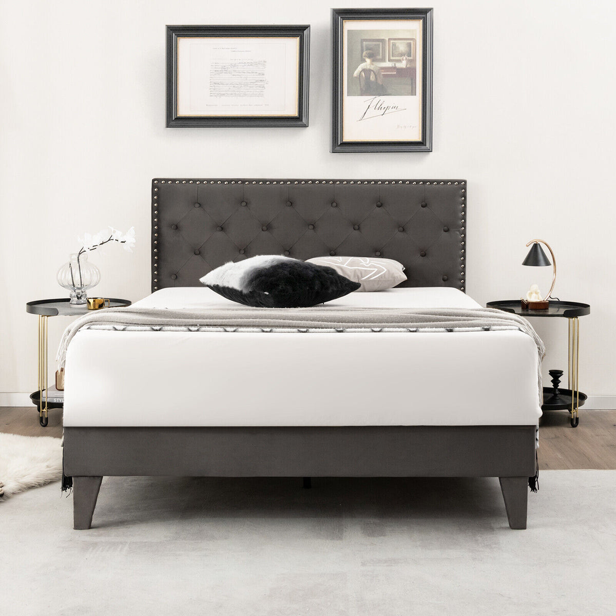 Full/Queen Size Upholstered Platform Bed with Tufted Headboard-Full Size-Simple Bed Frame-DECOROLALA