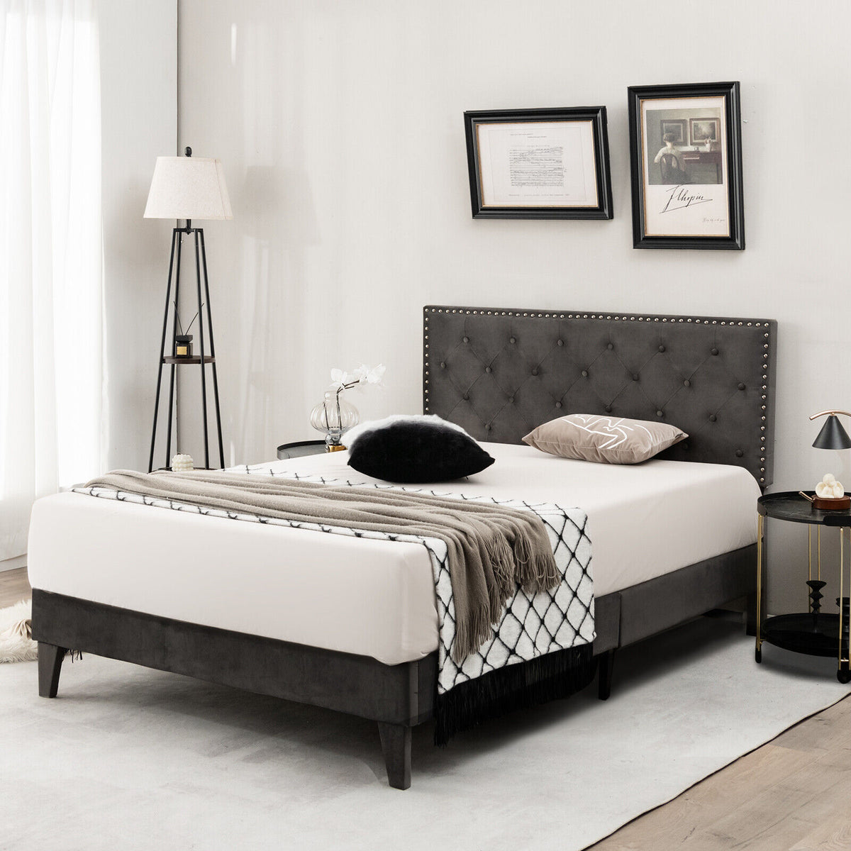 Full/Queen Size Upholstered Platform Bed with Tufted Headboard-Full Size-Simple Bed Frame-DECOROLALA