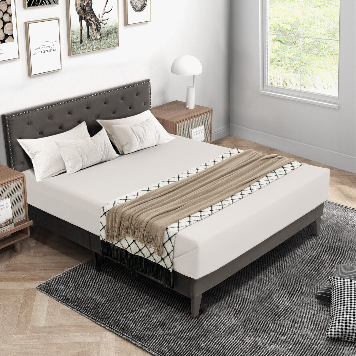 Full/Queen Size Upholstered Platform Bed with Tufted Headboard-Queen Size-Simple Bed Frame-DECOROLALA