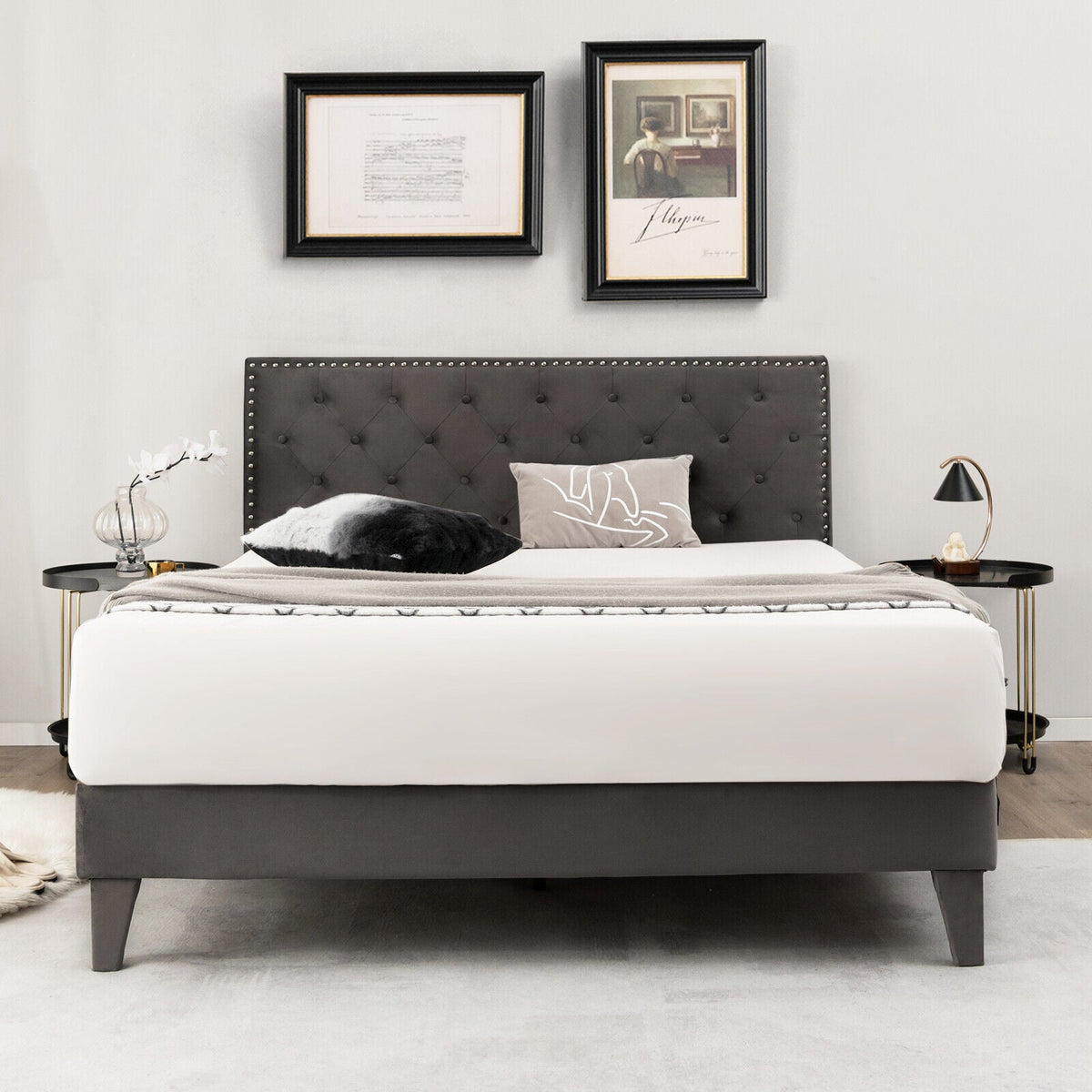 Full/Queen Size Upholstered Platform Bed with Tufted Headboard-Queen Size-Simple Bed Frame-DECOROLALA