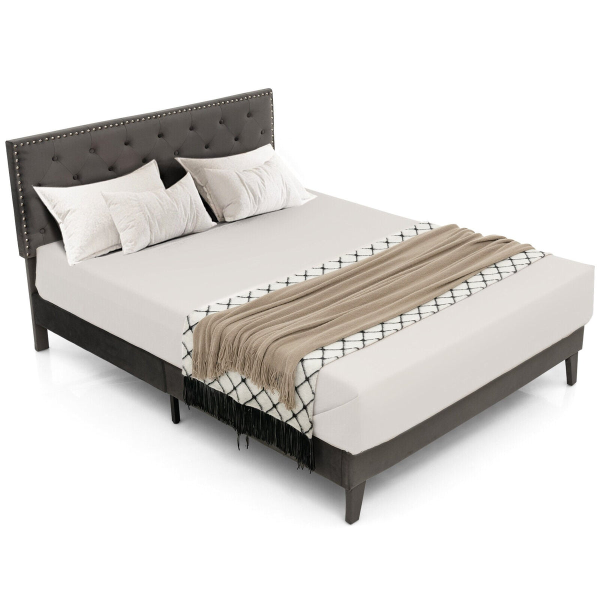 Full/Queen Size Upholstered Platform Bed with Tufted Headboard-Queen Size-Simple Bed Frame-DECOROLALA