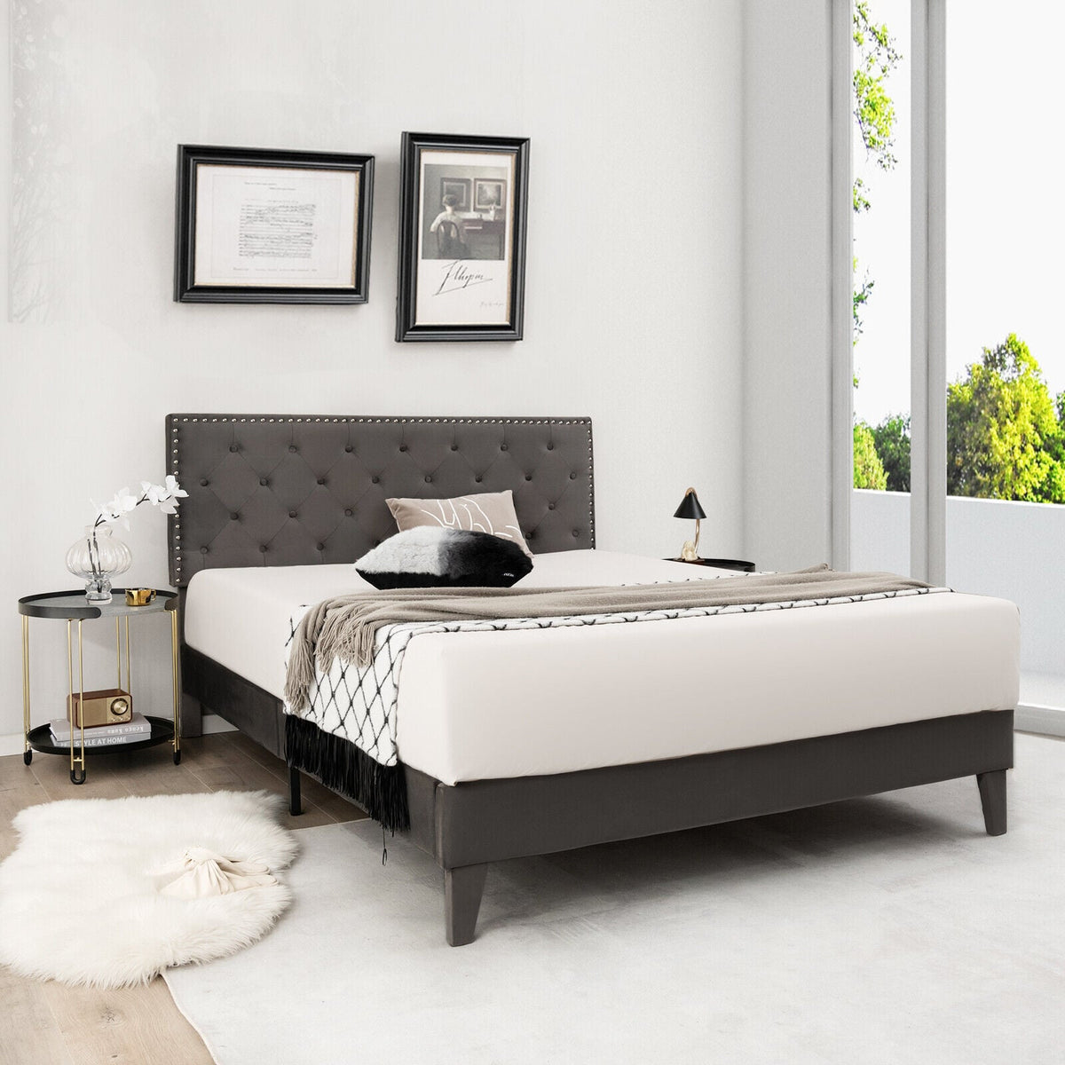 Full/Queen Size Upholstered Platform Bed with Tufted Headboard-Queen Size-Simple Bed Frame-DECOROLALA