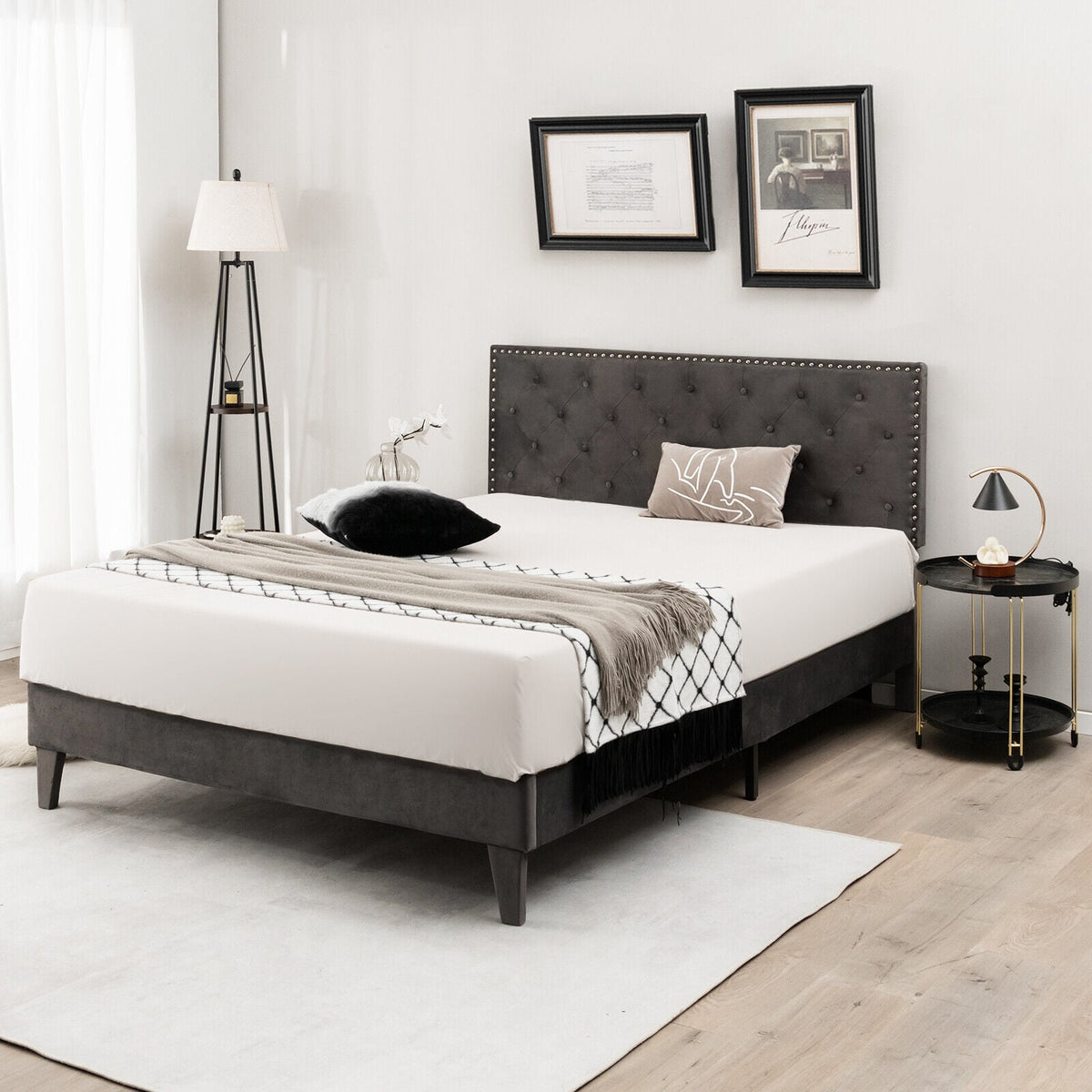 Full/Queen Size Upholstered Platform Bed with Tufted Headboard-Queen Size-Simple Bed Frame-DECOROLALA
