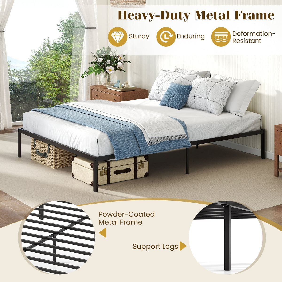 Full/Queen/King Size Metal Bed Frame Heavy Duty Support Slats Mattress Foundation-Queen Size-Simple Bed Frame-DECOROLALA
