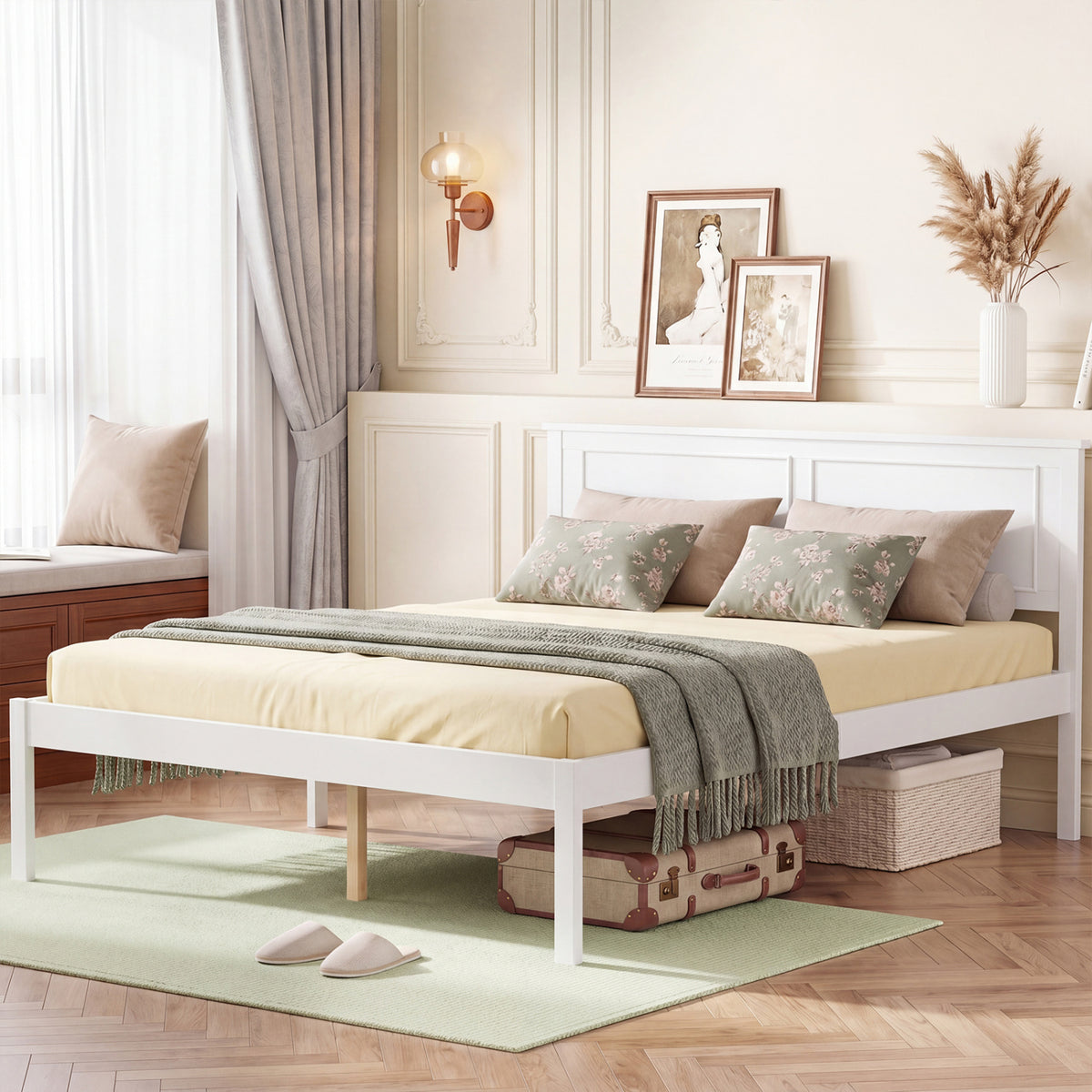 Full/Queen/Twin Size Bed Frame Farmhouse Wooden Platform Bed with Headboard White-Full Size-Simple Bed Frame-DECOROLALA