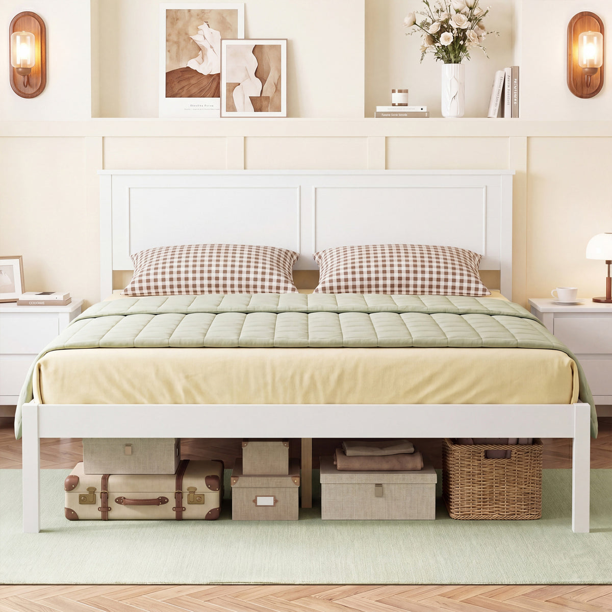 Full/Queen/Twin Size Bed Frame Farmhouse Wooden Platform Bed with Headboard White-Full Size-Simple Bed Frame-DECOROLALA
