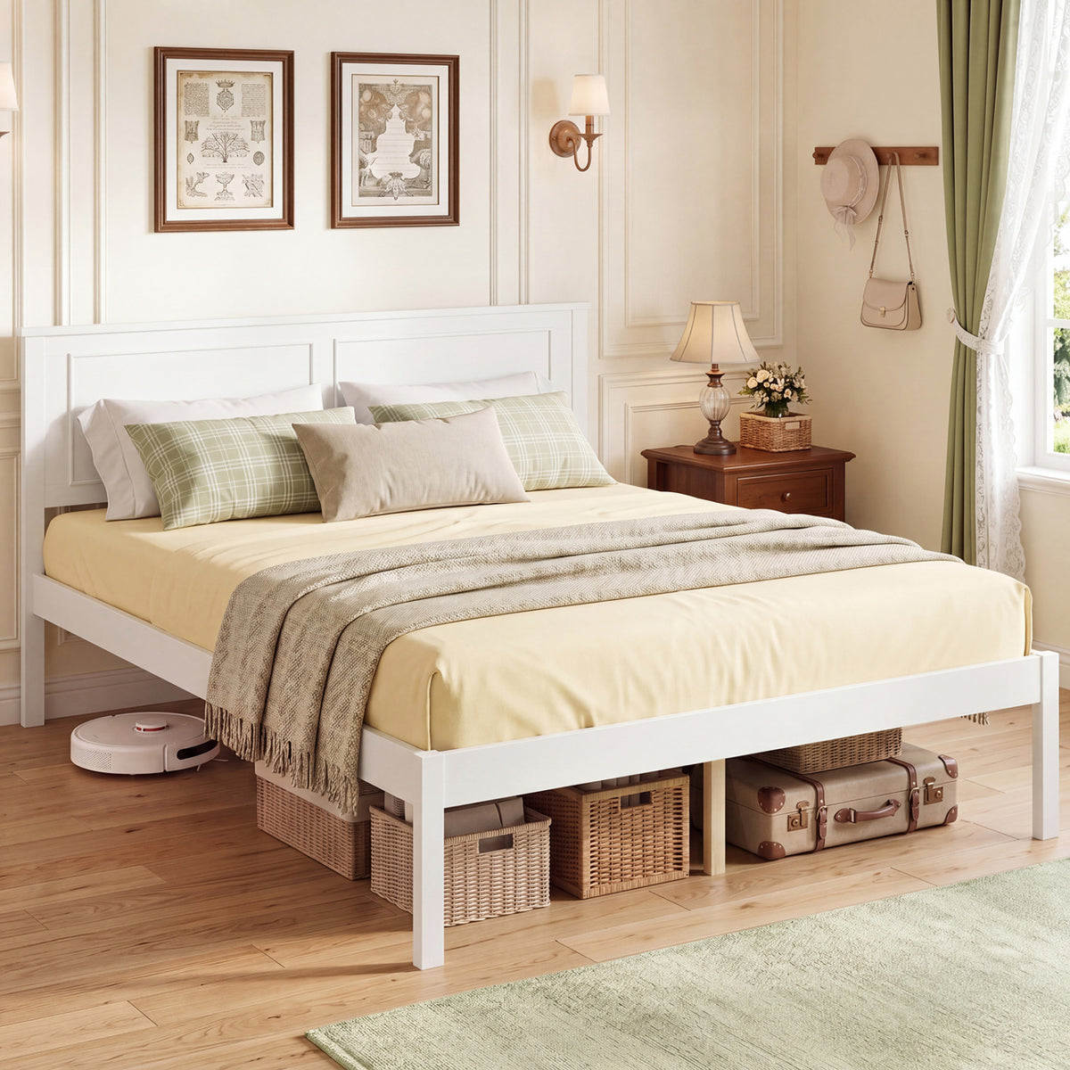 Full/Queen/Twin Size Bed Frame Farmhouse Wooden Platform Bed with Headboard White-Full Size-Simple Bed Frame-DECOROLALA