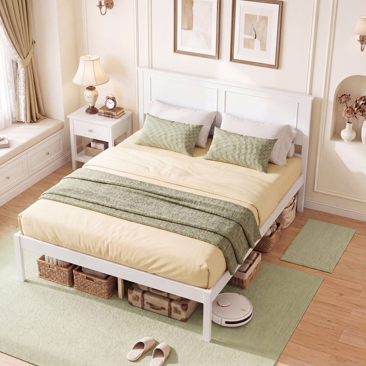 Full/Queen/Twin Size Bed Frame Farmhouse Wooden Platform Bed with Headboard White-Full Size-Simple Bed Frame-DECOROLALA