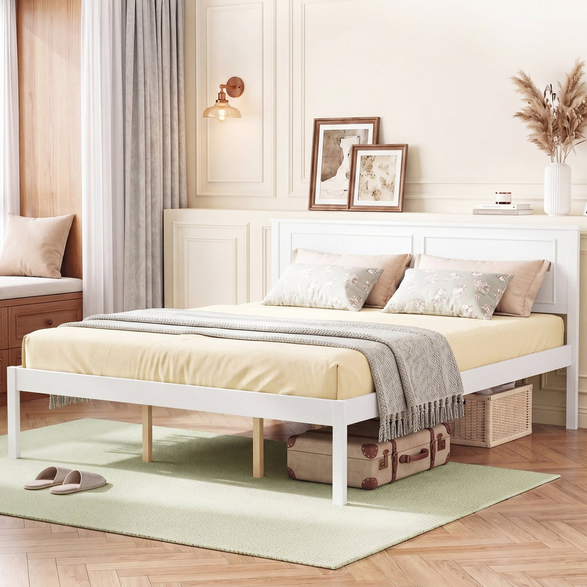 Full/Queen/Twin Size Bed Frame Farmhouse Wooden Platform Bed with Headboard White-Queen Size-Simple Bed Frame-DECOROLALA