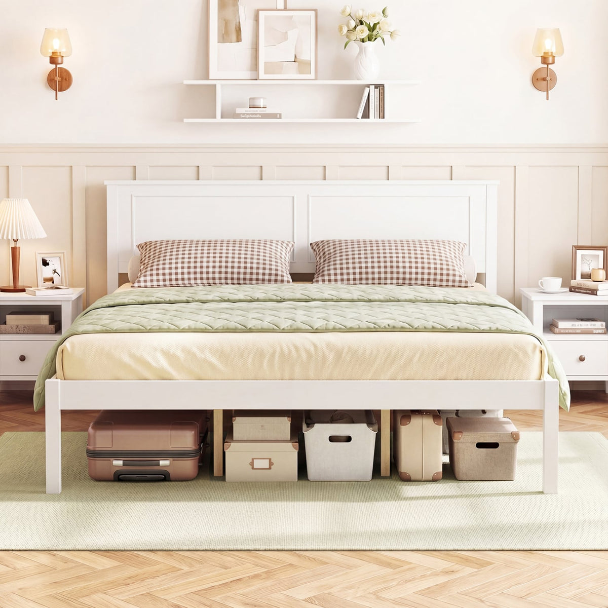 Full/Queen/Twin Size Bed Frame Farmhouse Wooden Platform Bed with Headboard White-Queen Size-Simple Bed Frame-DECOROLALA