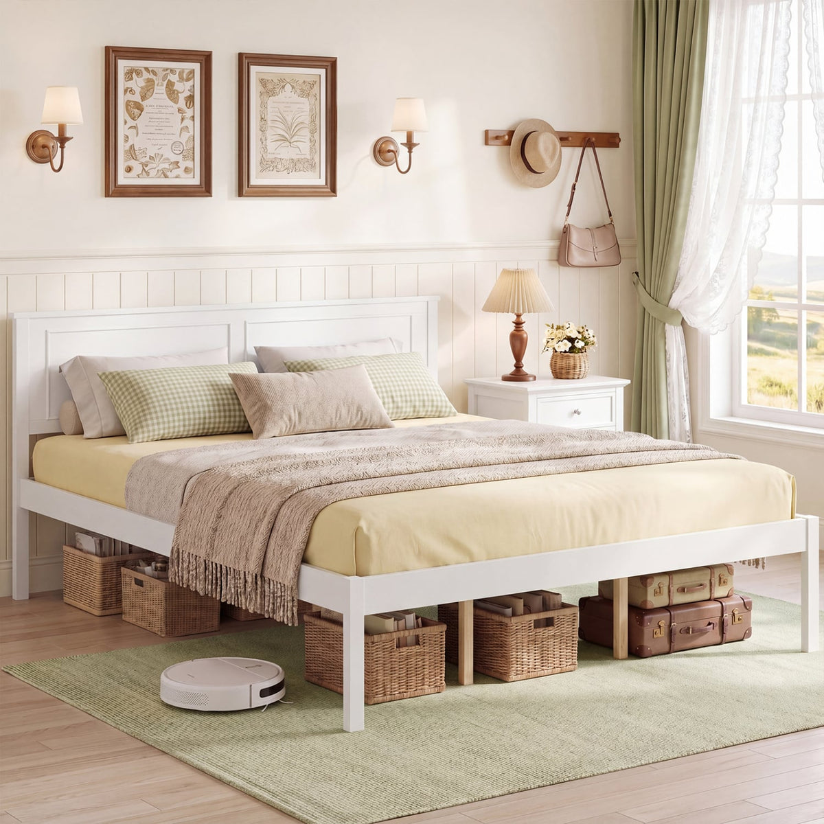 Full/Queen/Twin Size Bed Frame Farmhouse Wooden Platform Bed with Headboard White-Queen Size-Simple Bed Frame-DECOROLALA