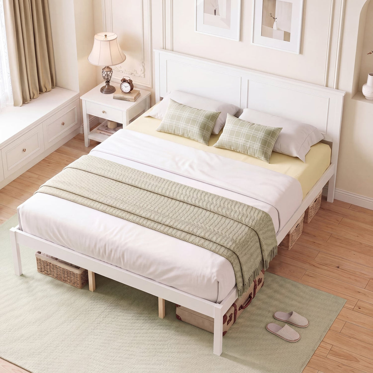 Full/Queen/Twin Size Bed Frame Farmhouse Wooden Platform Bed with Headboard White-Queen Size-Simple Bed Frame-DECOROLALA