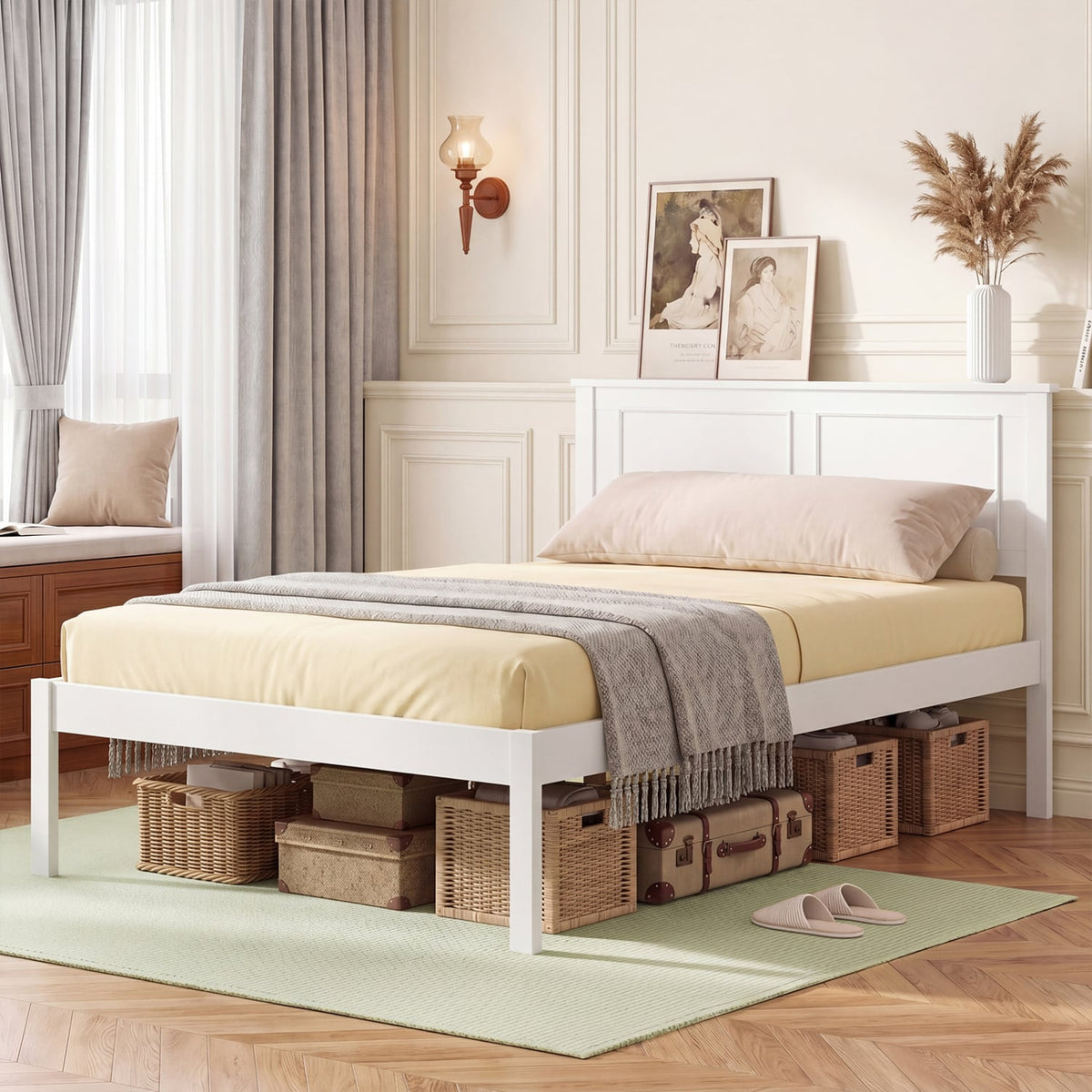 Full/Queen/Twin Size Bed Frame Farmhouse Wooden Platform Bed with Headboard White-Twin Size-Simple Bed Frame-DECOROLALA