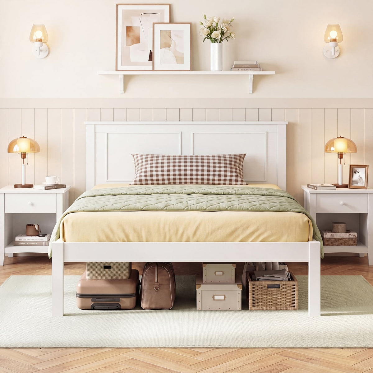Full/Queen/Twin Size Bed Frame Farmhouse Wooden Platform Bed with Headboard White-Twin Size-Simple Bed Frame-DECOROLALA