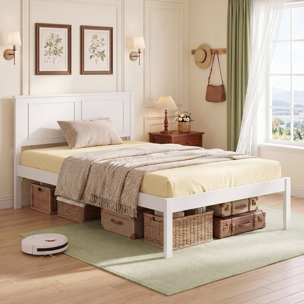 Full/Queen/Twin Size Bed Frame Farmhouse Wooden Platform Bed with Headboard White-Twin Size-Simple Bed Frame-DECOROLALA