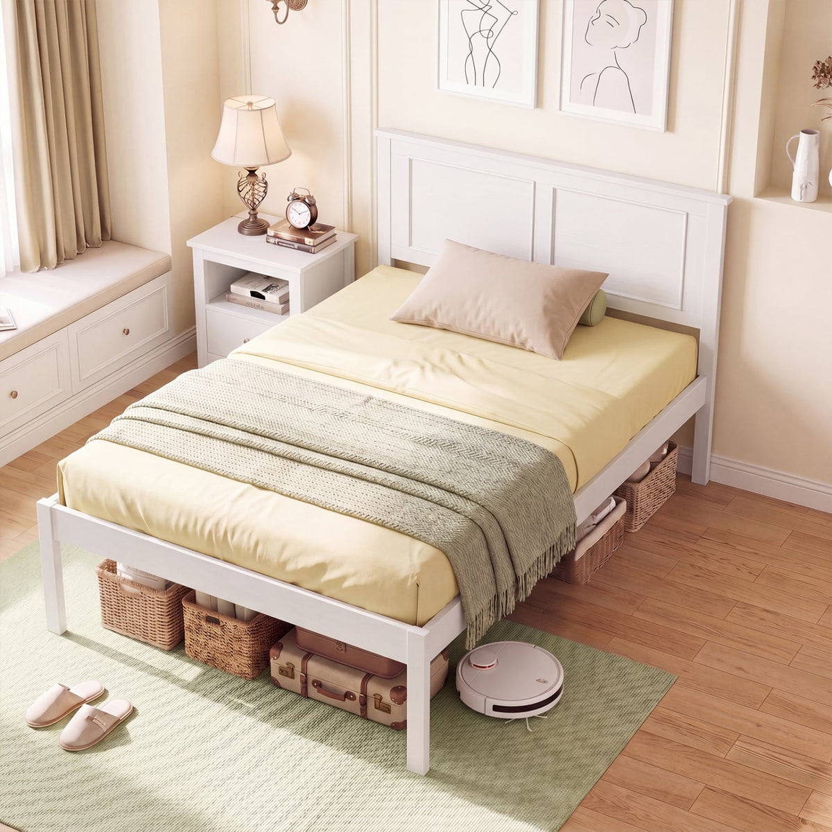 Full/Queen/Twin Size Bed Frame Farmhouse Wooden Platform Bed with Headboard White-Twin Size-Simple Bed Frame-DECOROLALA