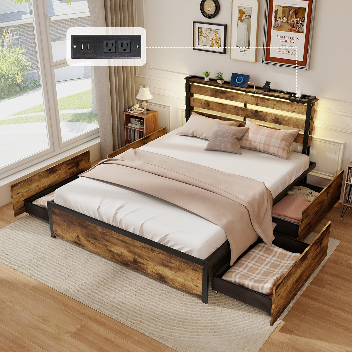 Full/Queen/Twin Size Bed Frame with Drawers LED Lights and USB Ports-Queen Size-Simple Bed Frame-DECOROLALA