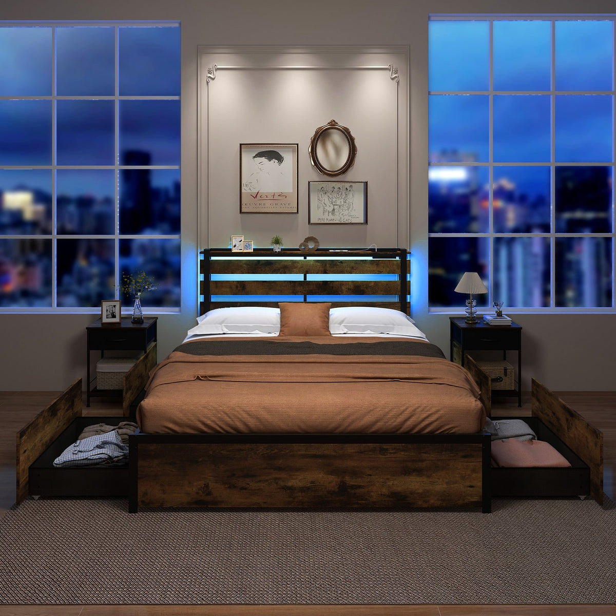Full/Queen/Twin Size Bed Frame with Drawers LED Lights and USB Ports-Queen Size-Simple Bed Frame-DECOROLALA