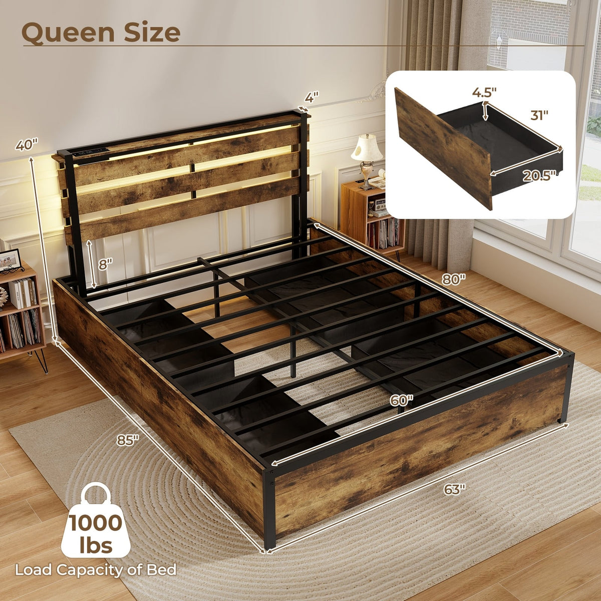 Full/Queen/Twin Size Bed Frame with Drawers LED Lights and USB Ports-Queen Size-Simple Bed Frame-DECOROLALA