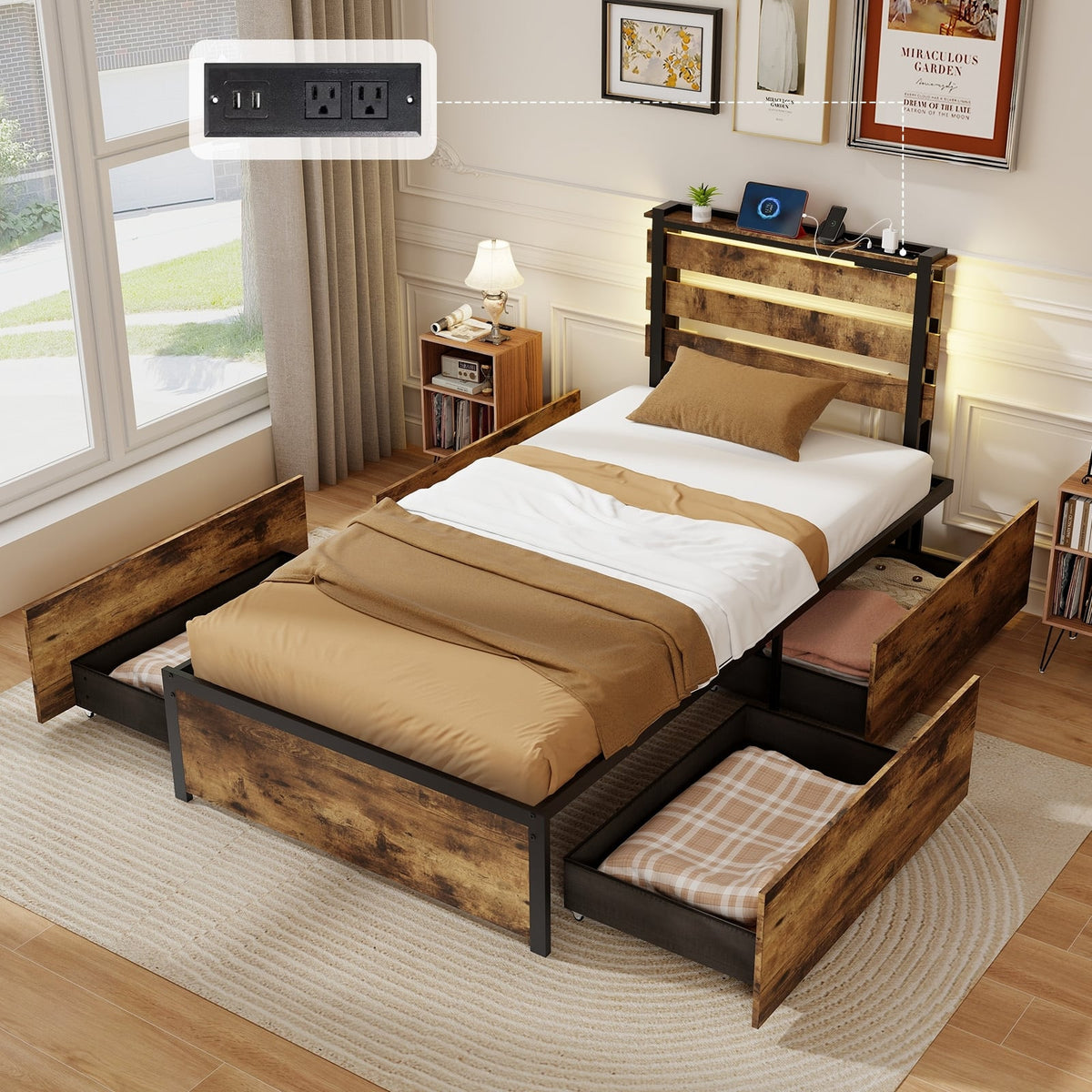 Full/Queen/Twin Size Bed Frame with Drawers LED Lights and USB Ports-Twin Size-Simple Bed Frame-DECOROLALA