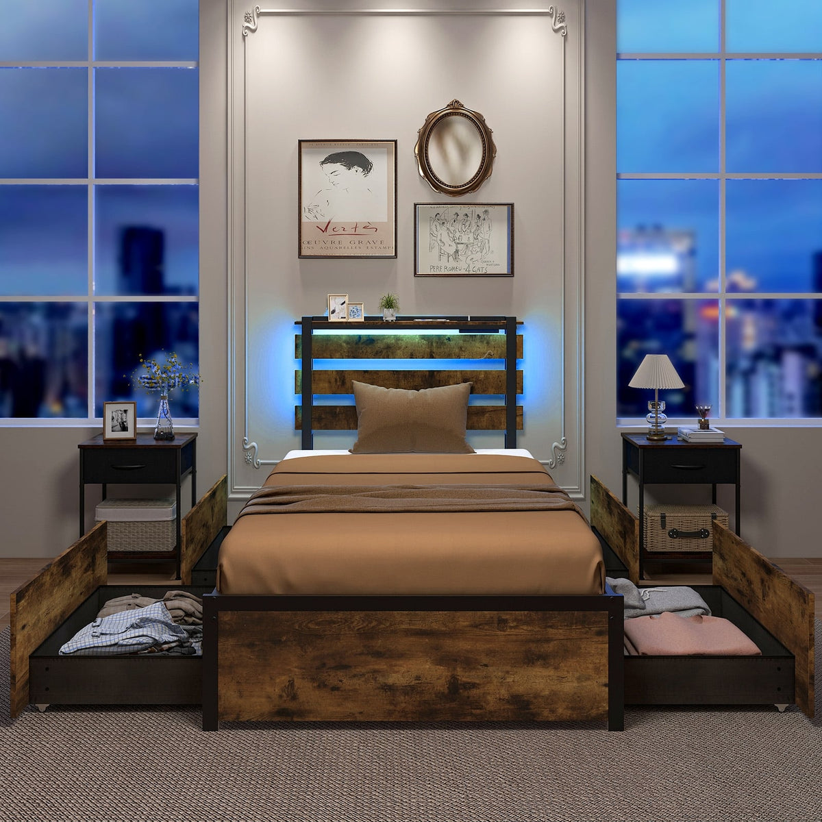 Full/Queen/Twin Size Bed Frame with Drawers LED Lights and USB Ports-Twin Size-Simple Bed Frame-DECOROLALA