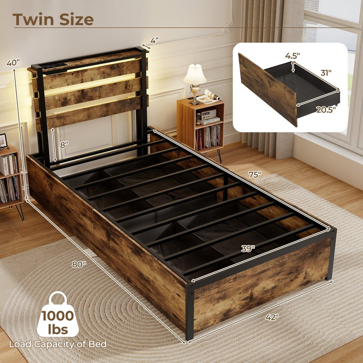 Full/Queen/Twin Size Bed Frame with Drawers LED Lights and USB Ports-Twin Size-Simple Bed Frame-DECOROLALA