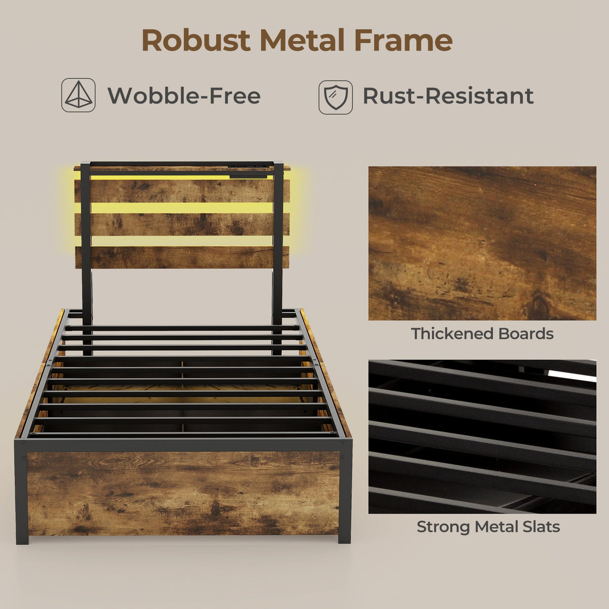 Full/Queen/Twin Size Bed Frame with Drawers LED Lights and USB Ports-Twin Size-Simple Bed Frame-DECOROLALA