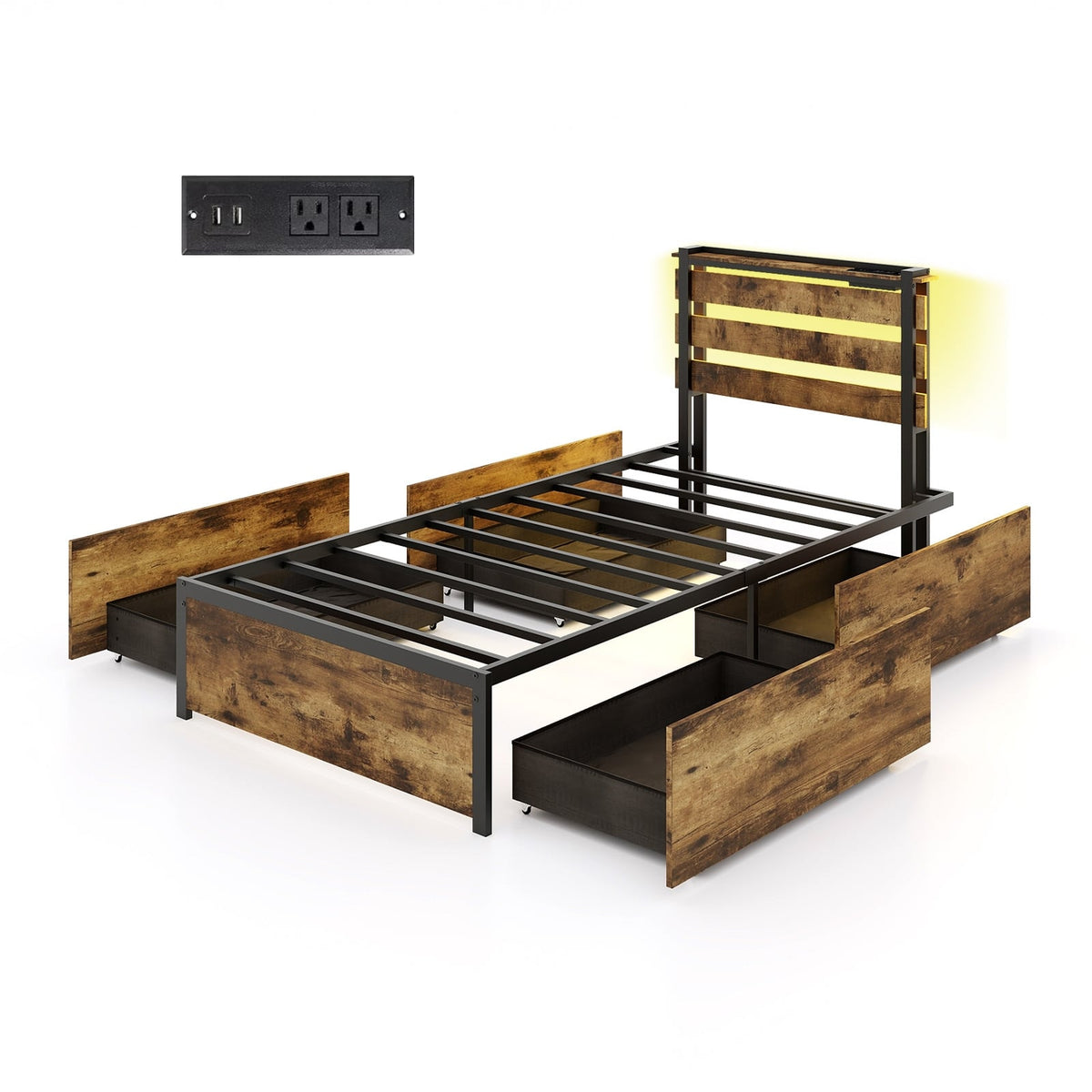 Full/Queen/Twin Size Bed Frame with Drawers LED Lights and USB Ports-Twin Size-Simple Bed Frame-DECOROLALA