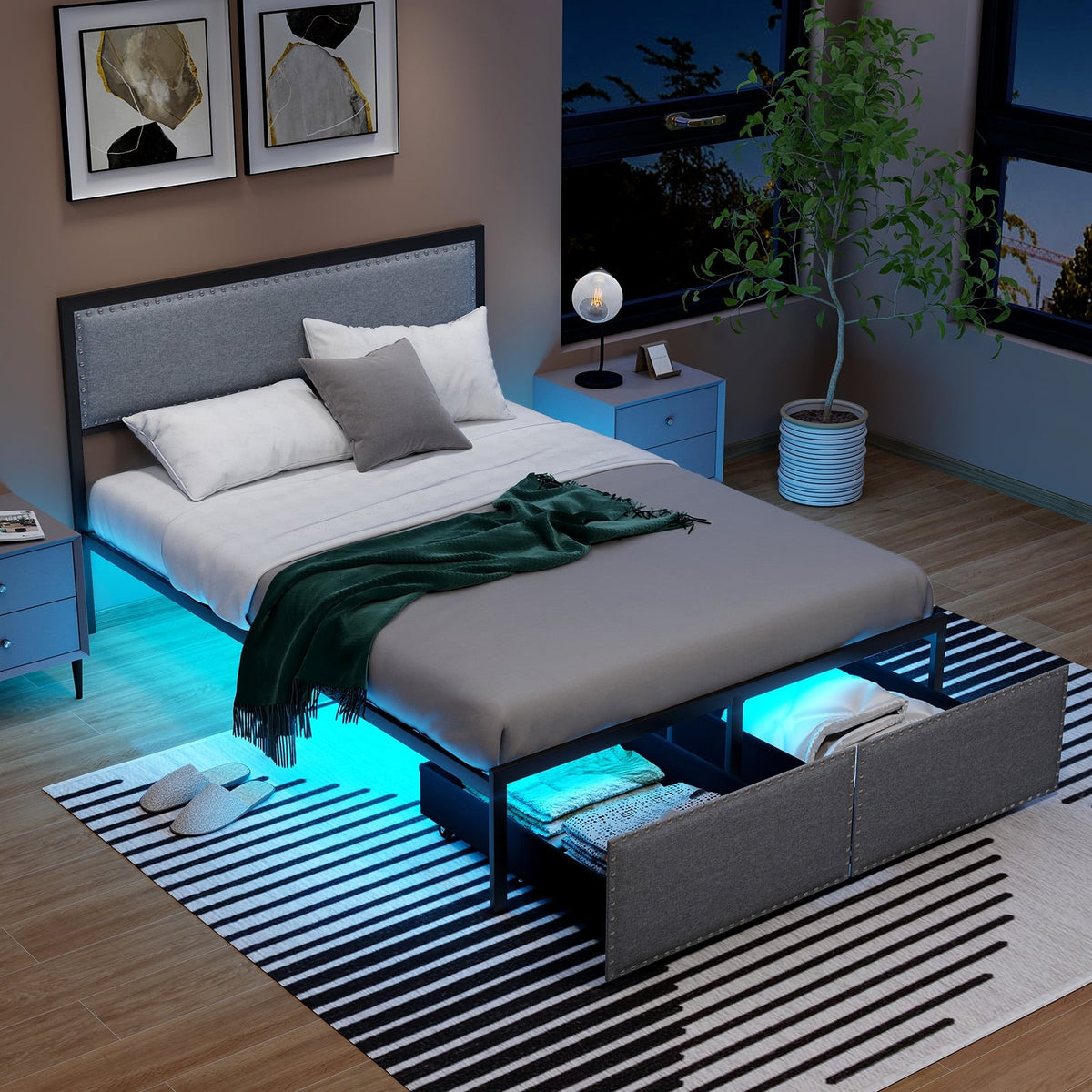 Full/Queen/Twin Size Bed Frame with LED Lights Drawer and Metal Slats-Full Size-Simple Bed Frame-DECOROLALA