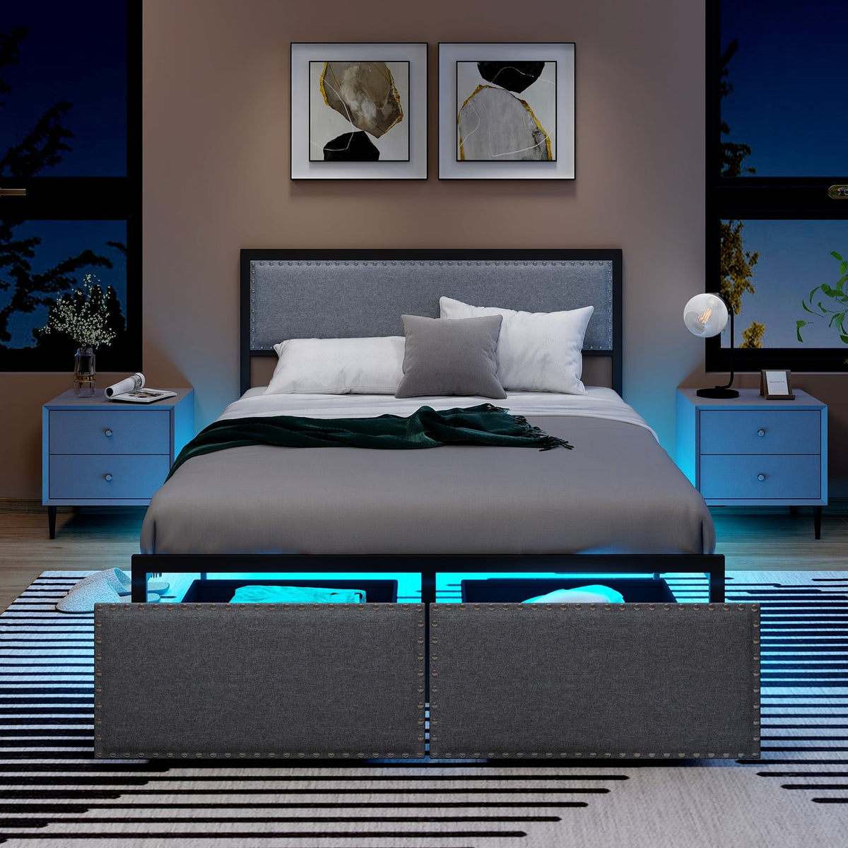 Full/Queen/Twin Size Bed Frame with LED Lights Drawer and Metal Slats-Full Size-Simple Bed Frame-DECOROLALA