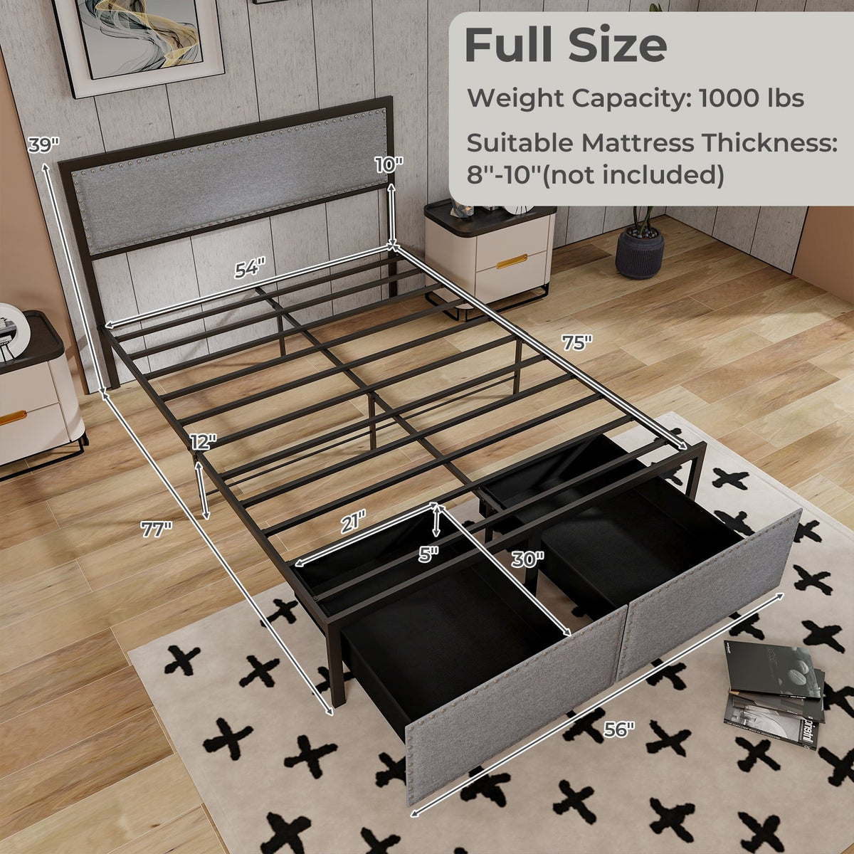Full/Queen/Twin Size Bed Frame with LED Lights Drawer and Metal Slats-Full Size-Simple Bed Frame-DECOROLALA