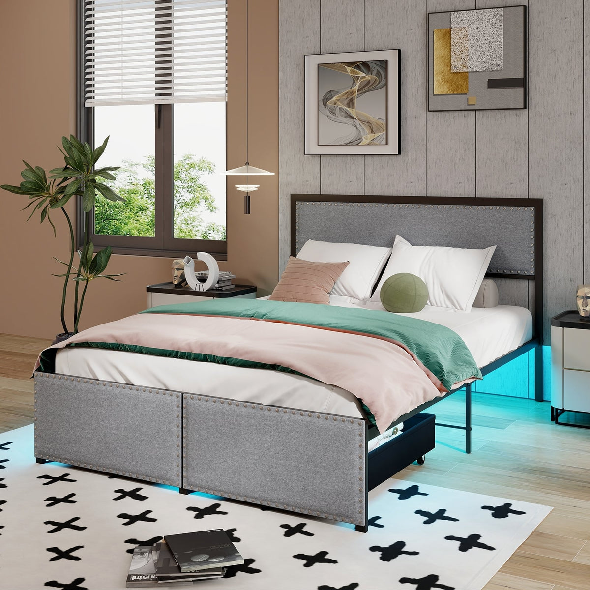 Full/Queen/Twin Size Bed Frame with LED Lights Drawer and Metal Slats-Full Size-Simple Bed Frame-DECOROLALA