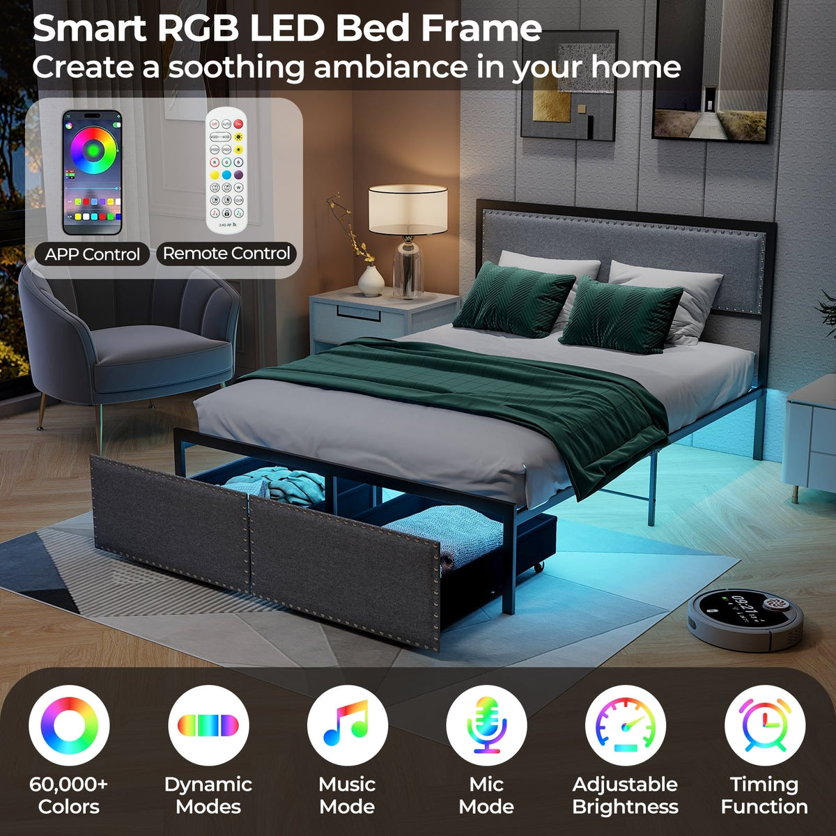 Full/Queen/Twin Size Bed Frame with LED Lights Drawer and Metal Slats-Full Size-Simple Bed Frame-DECOROLALA