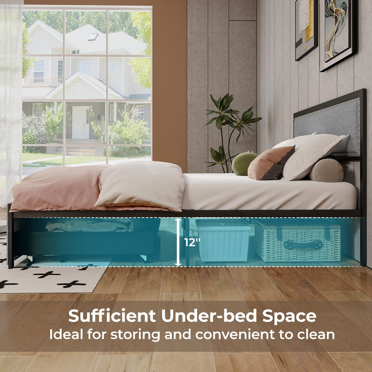 Full/Queen/Twin Size Bed Frame with LED Lights Drawer and Metal Slats-Full Size-Simple Bed Frame-DECOROLALA