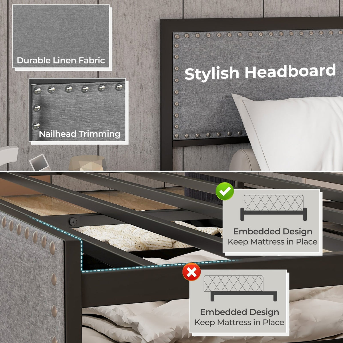 Full/Queen/Twin Size Bed Frame with LED Lights Drawer and Metal Slats-Full Size-Simple Bed Frame-DECOROLALA
