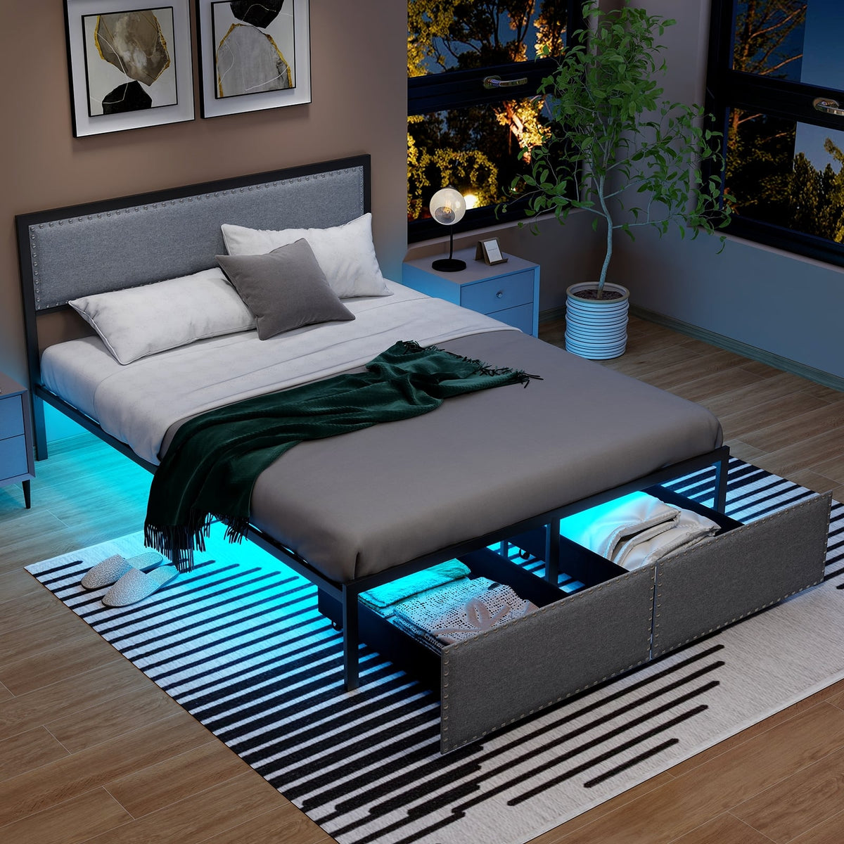 Full/Queen/Twin Size Bed Frame with LED Lights Drawer and Metal Slats-Queen Size-Simple Bed Frame-DECOROLALA