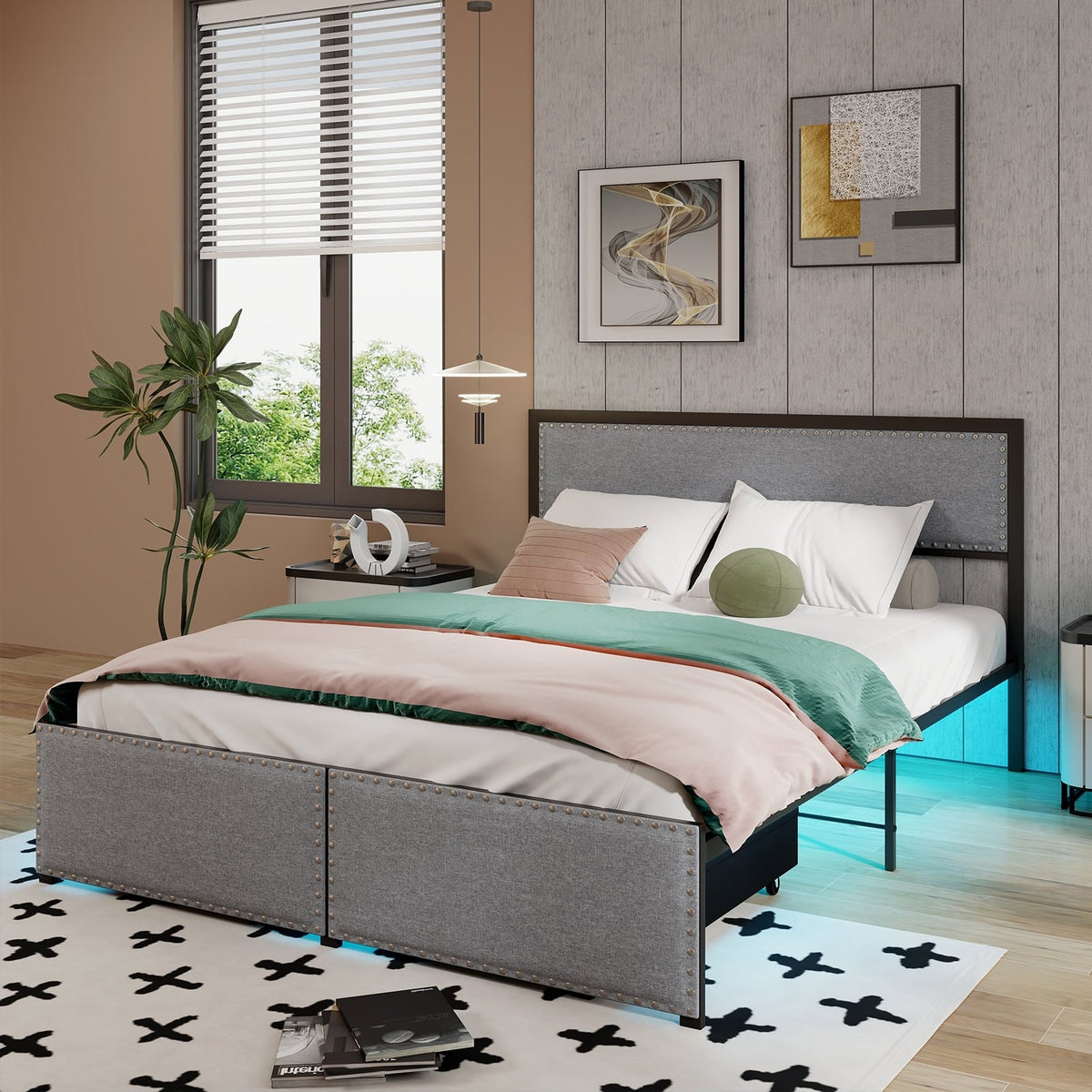 Full/Queen/Twin Size Bed Frame with LED Lights Drawer and Metal Slats-Queen Size-Simple Bed Frame-DECOROLALA