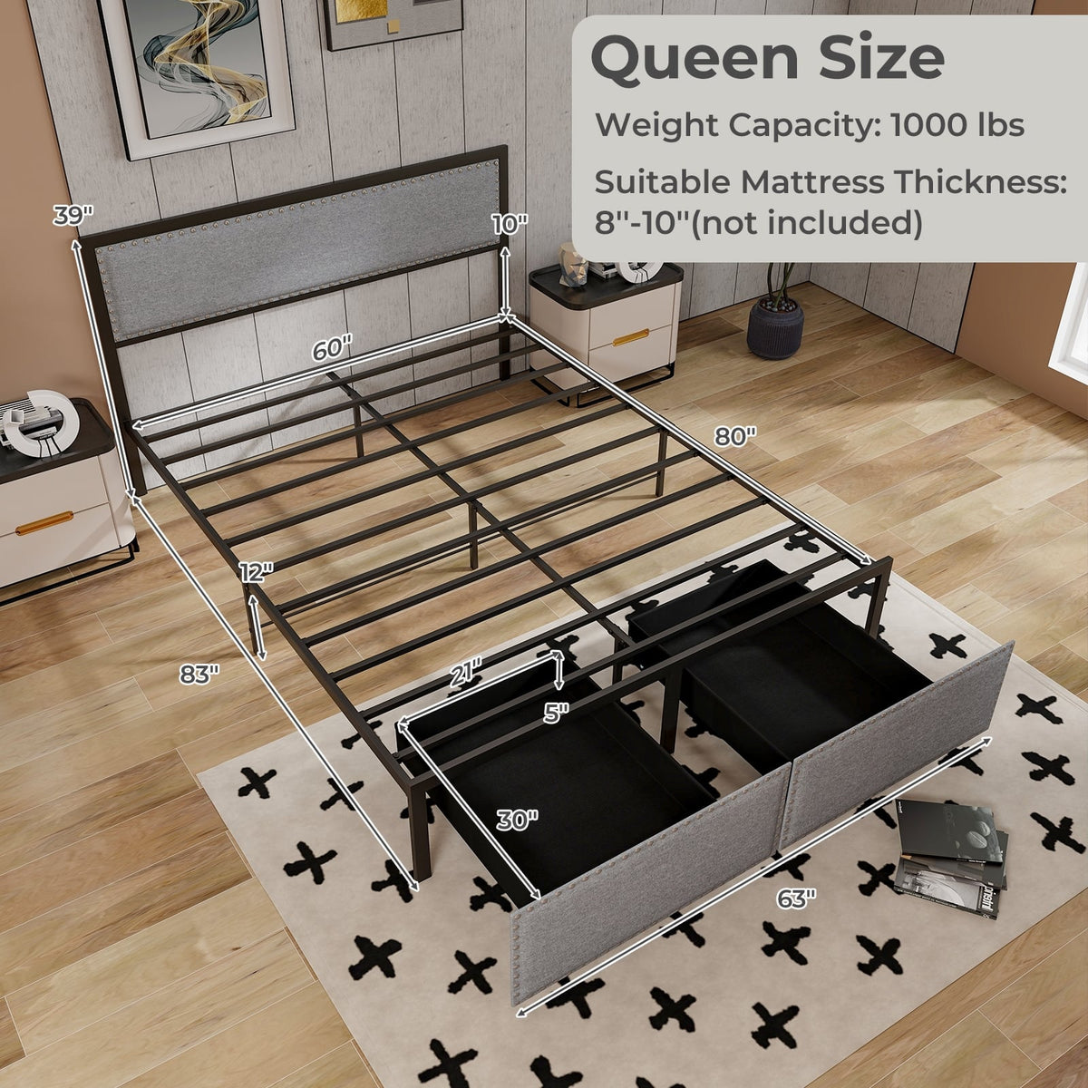 Full/Queen/Twin Size Bed Frame with LED Lights Drawer and Metal Slats-Queen Size-Simple Bed Frame-DECOROLALA