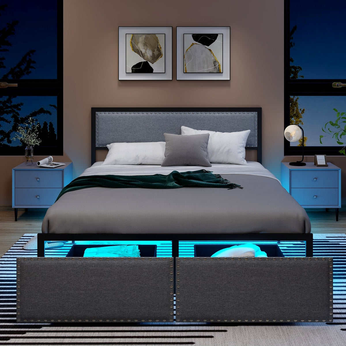 Full/Queen/Twin Size Bed Frame with LED Lights Drawer and Metal Slats-Queen Size-Simple Bed Frame-DECOROLALA