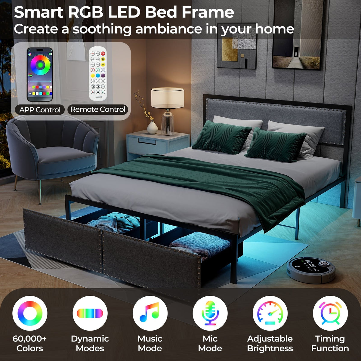 Full/Queen/Twin Size Bed Frame with LED Lights Drawer and Metal Slats-Queen Size-Simple Bed Frame-DECOROLALA