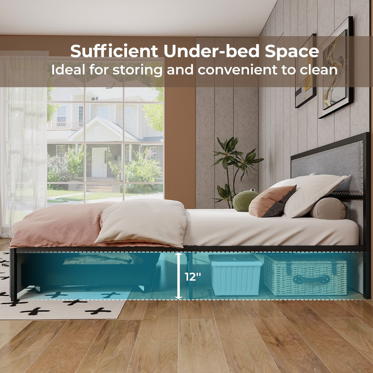 Full/Queen/Twin Size Bed Frame with LED Lights Drawer and Metal Slats-Queen Size-Simple Bed Frame-DECOROLALA