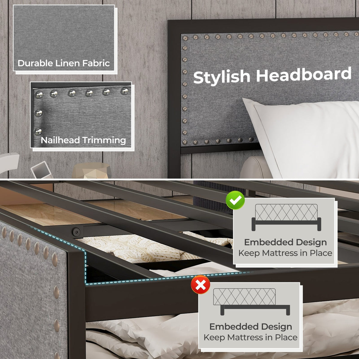 Full/Queen/Twin Size Bed Frame with LED Lights Drawer and Metal Slats-Queen Size-Simple Bed Frame-DECOROLALA