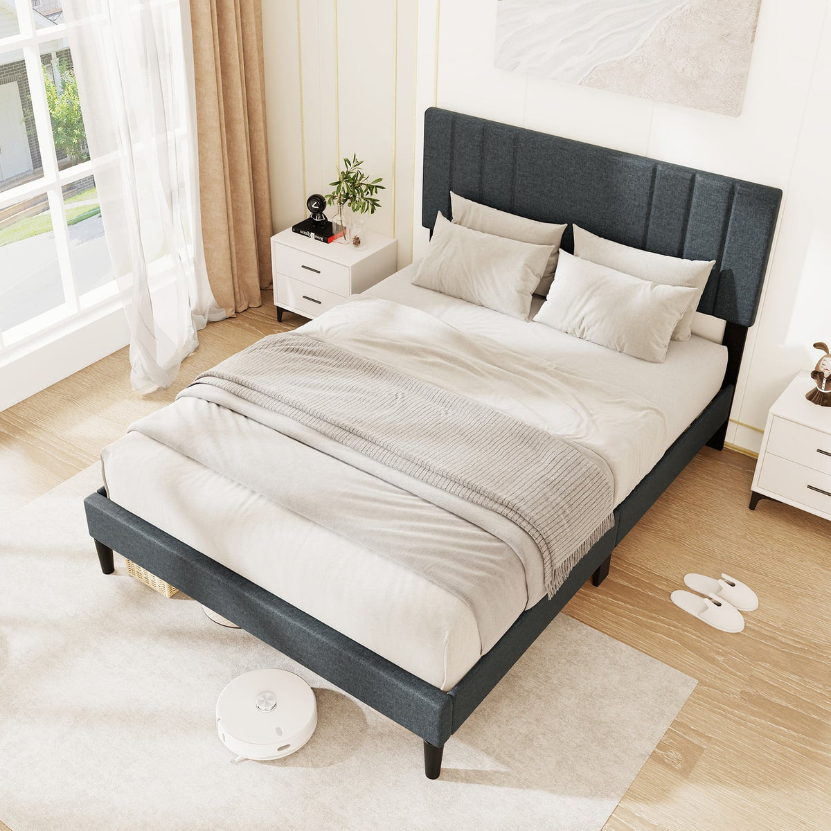 Full/Queen/Twin Size Bed Frame with Vertical Channel Tufted Headboard and Wooden Slats-Full Size-Simple Bed Frame-DECOROLALA