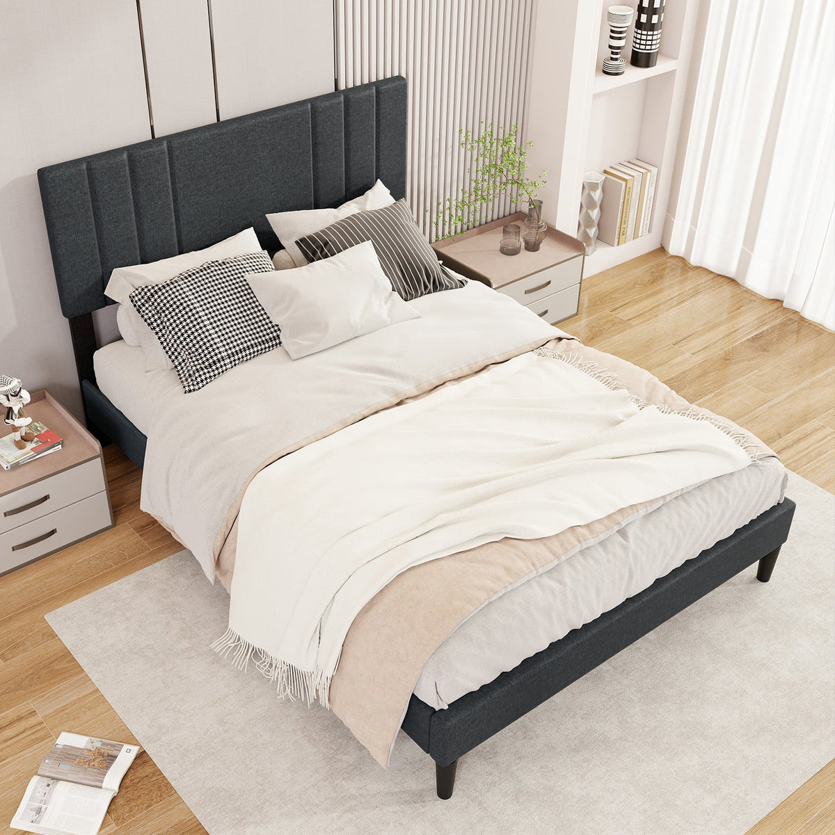 Full/Queen/Twin Size Bed Frame with Vertical Channel Tufted Headboard and Wooden Slats-Full Size-Simple Bed Frame-DECOROLALA