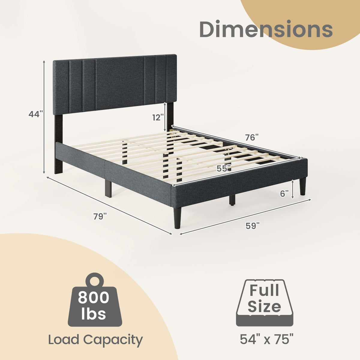 Full/Queen/Twin Size Bed Frame with Vertical Channel Tufted Headboard and Wooden Slats-Full Size-Simple Bed Frame-DECOROLALA