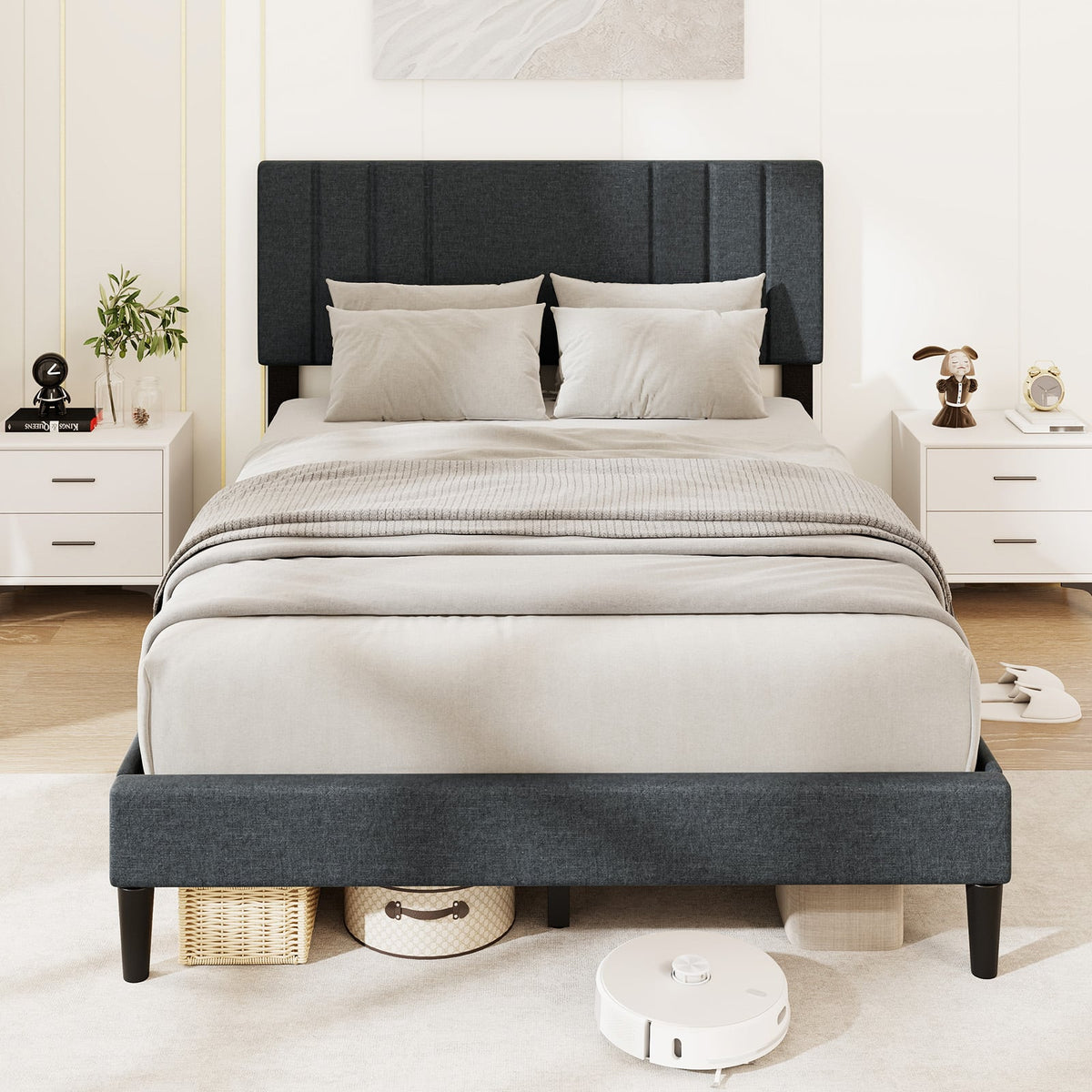Full/Queen/Twin Size Bed Frame with Vertical Channel Tufted Headboard and Wooden Slats-Full Size-Simple Bed Frame-DECOROLALA