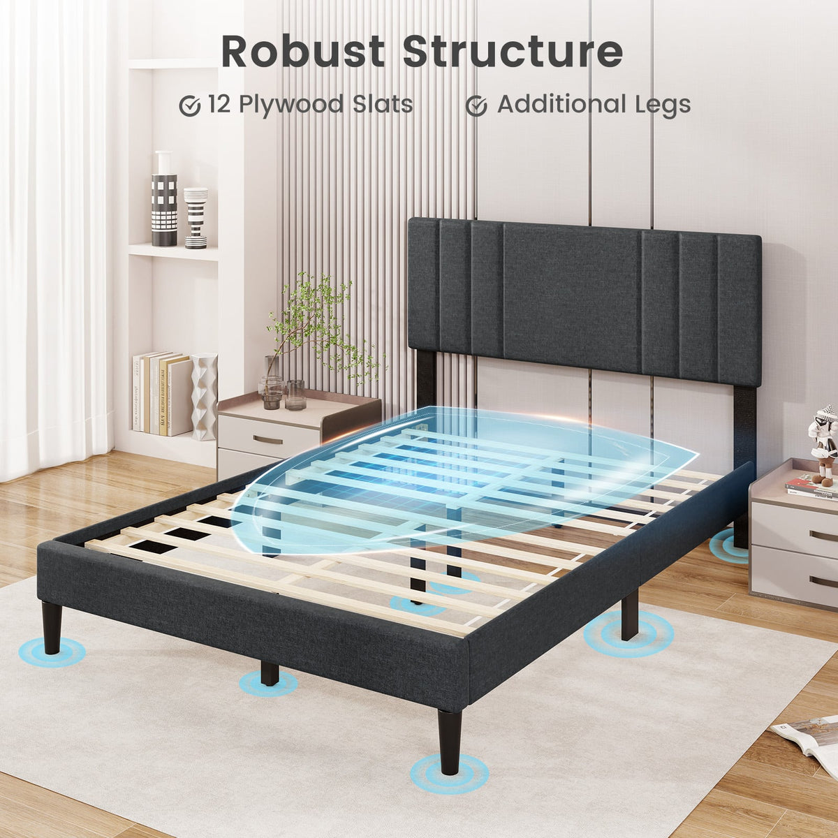 Full/Queen/Twin Size Bed Frame with Vertical Channel Tufted Headboard and Wooden Slats-Full Size-Simple Bed Frame-DECOROLALA