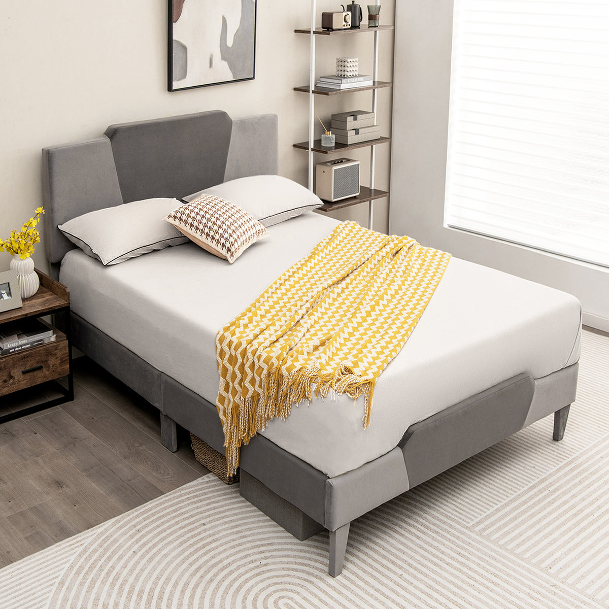 Full/Queen/Twin Velvet Upholstered Bed Frame with High Headboard-Full Size-Simple Bed Frame-DECOROLALA