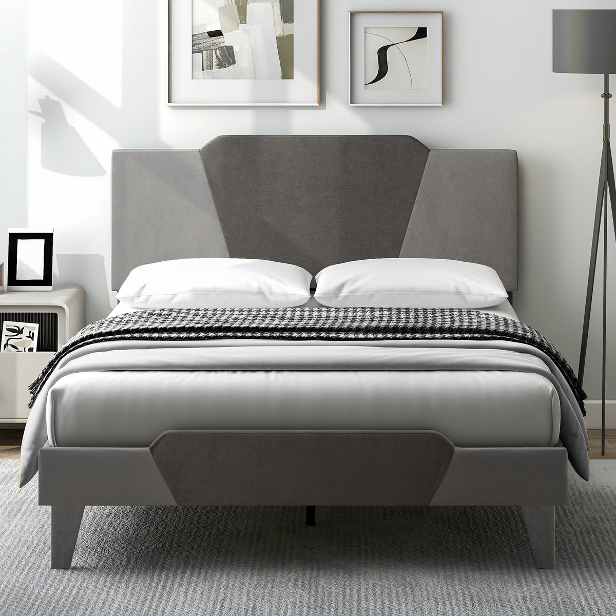 Full/Queen/Twin Velvet Upholstered Bed Frame with High Headboard-Full Size-Simple Bed Frame-DECOROLALA