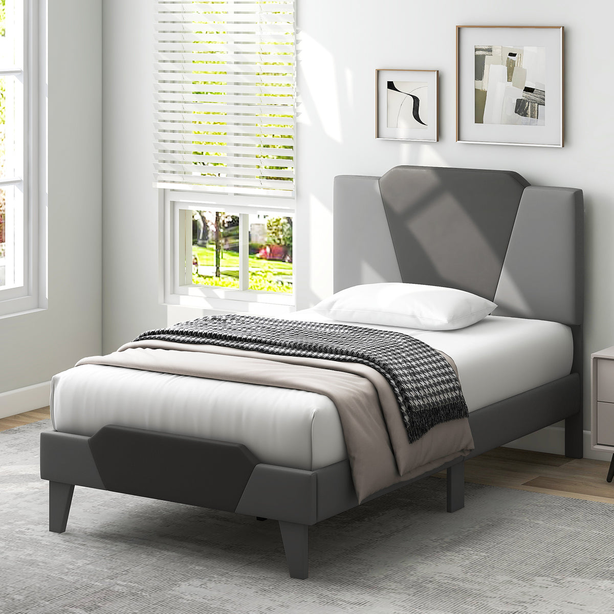 Full/Queen/Twin Velvet Upholstered Bed Frame with High Headboard-Twin Size-Simple Bed Frame-DECOROLALA